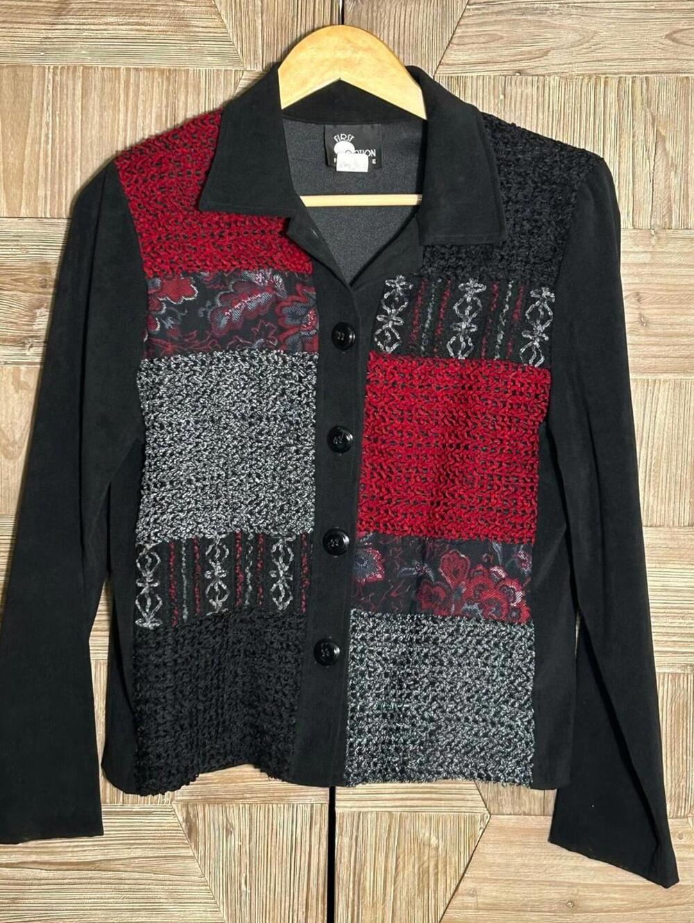 Vintage First Option Retro Black Red Patchwork Button Up Jacket Size PS Boho